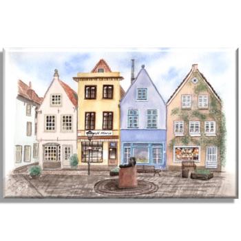 Leinwand 40 x 30 cm Keilrahmen Canvas-Leinen Aquarell Maritim Kunst Druck Kunstdruck Bremen Bremer Schnoor Gasse Nordsee Souvenir Souvenirs